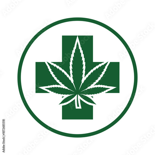 A green circular emblem displaying a cannabis leaf integrated within a medical cross symbol