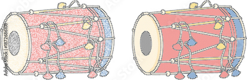 Pair of traditional indian dholak drums in a vibrant red hue with intricate lacing isolated on transparent background, Vector