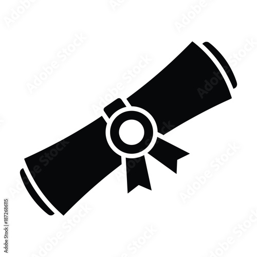 A simple black and white illustration of a rolled diploma tied with a ribbon and seal