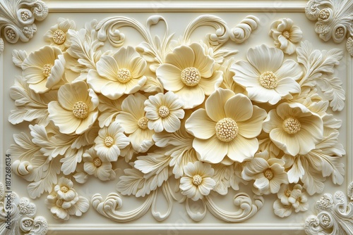Ornate cream colored floral bas-relief panel features abundant blooming blossoms and foliage
