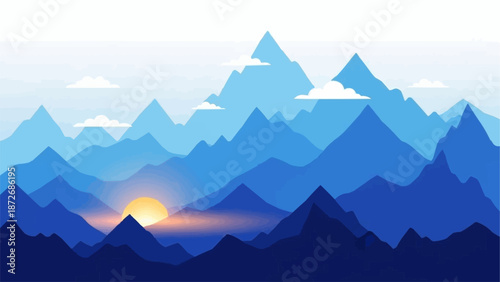 Vast Mountain Range Under a Bright Sunrise Sky.