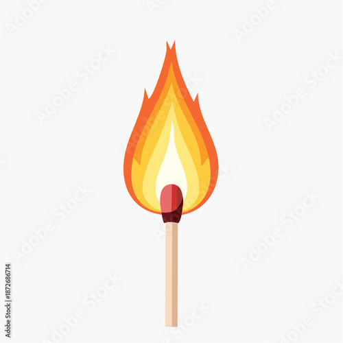 A lit matchstick with a vibrant flame on a plain white background