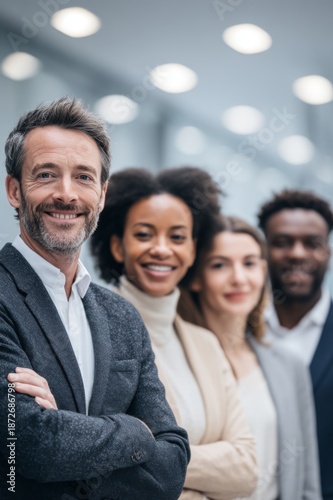 Diverse group of smiling professionals standing in office hallway, vertical photo