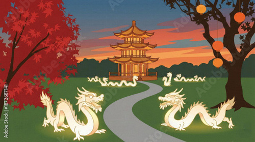 Landscape vector illustration : dragon sculptures, traditional chinese pagoda, lanterns, trees, sunset - Chinese New Year decoration, Lunar celebration, spring festival, Beijing China travel, tourism 
