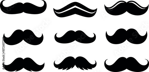 Collection of classic black mustache silhouettes with various styles and shapes for design and decoration purposes vector illustration