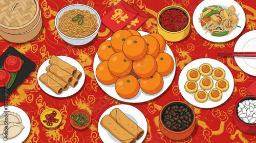 Illustration: banquet table, traditional chinese feasts, dumpling, dishes, tangerine,home - Chinese New Year dinner, Lunar celebration, spring festival, family reunion, gathering, Asian authentic food