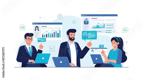 Diverse team collaborating on digital project with laptops and analytics charts