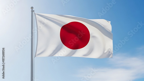 Free Download Brightly lit flag of japan, a symbol of the nation, proudly waving against a clear blue sky - GFXLoad