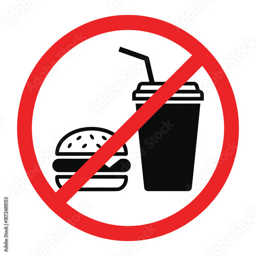 Prohibition of food and drinks a red circle with a diagonal line through a burger and beverage