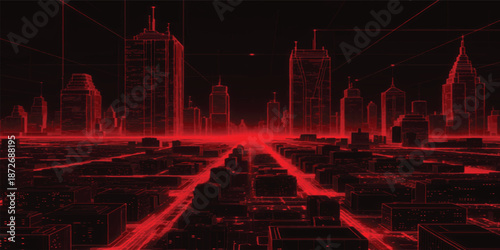 Abstract technology background featuring a blue stock market graph over a night city skyline with illuminated urban skyscrapers and architectural light reflected in downtown water