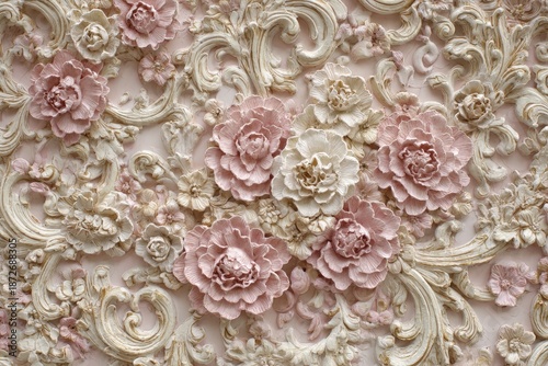 Intricate three dimensional floral bas-relief pattern displays soft colors and elaborate scrollwork