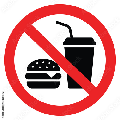 No food or drinks allowed a prohibition sign featuring a burger and beverage illustration