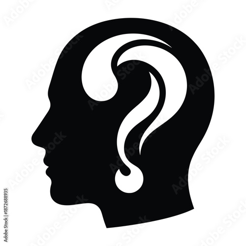 A silhouette of a human head containing a white question mark representing uncertainty and thought