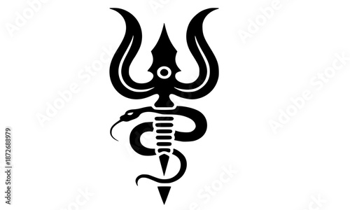 Tattoo flash vector of sacred trishul with serpent, bold black ink Shiva trident line art, spiritual Hindu occult tattoo symbol, monochrome stencil ready design, traditional tattoo flash illustration