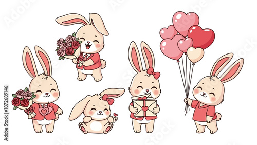 Cute bunnies with flowers and heart balloons for Valentine's Day.