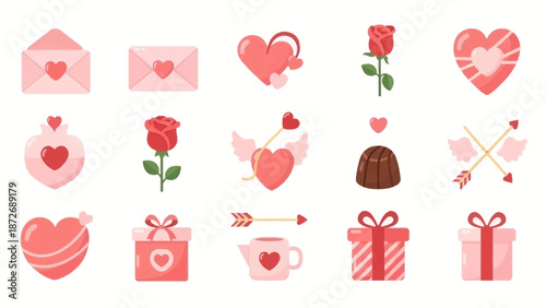 Valentine's Day themed vector graphics set with hearts, roses, gifts, and arrows.
