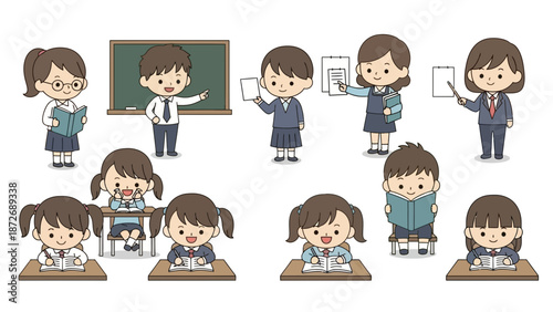 A collection of cute cartoon illustrations of Japanese students and teachers in a classroom setting, engaged in various school activities.