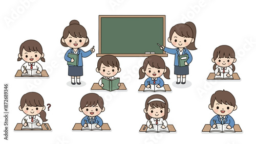 Cartoon illustration of two female teachers instructing eight students in a classroom with a blackboard, depicting an educational environment.