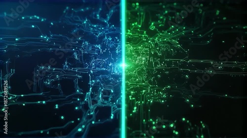 Futuristic neon circuit board with glowing connections and pathways.