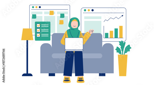 Muslimah Managing Small Business Tasks in Home Office Flat Illustration