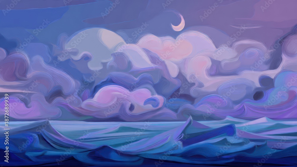 Fototapeta premium Painted Seascape with Clouds and Moon