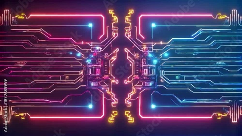 Futuristic neon circuit board with glowing connections and vibrant colors.