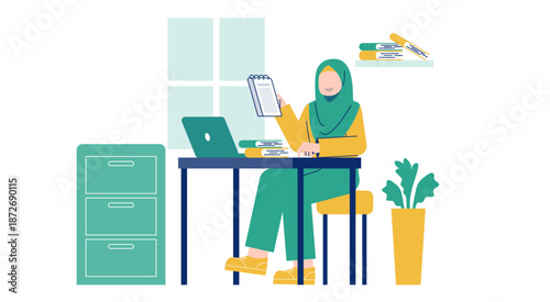 Muslim Female Student Studying with Laptop in Minimalist Room Flat illustration
