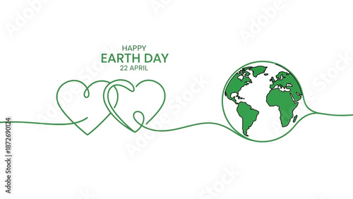 Happy Earth Day illustration with two green hearts connected to a green globe on a white background.