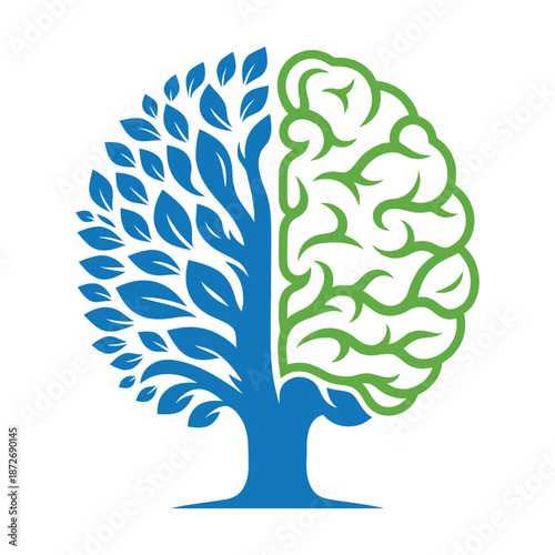 A conceptual illustration depicting a human brain split into leafy and cerebral hemispheres