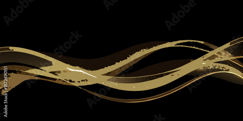 Abstract golden ribbons and flowing lines on a dark black background