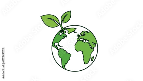 A green sprout with two leaves emerges from the top of a stylized globe, symbolizing growth and environmental care.