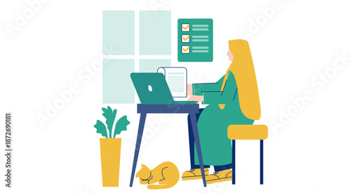 Muslim Woman Working Productively on Laptop in a Calm Home Workspace Flat Illustration