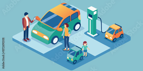 Electric vehicle charging station with people and cars in isometric view