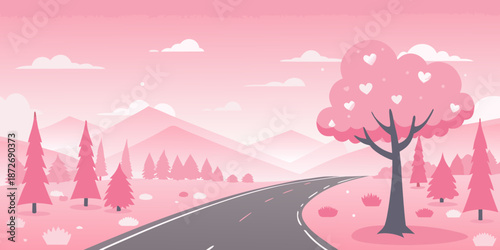 A winding road through a pink landscape with mountains and trees
