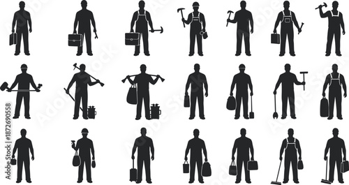 Collection of worker silhouettes with tools representing construction, plumbing, electrical, cleaning, and mechanical trades isolated on white background