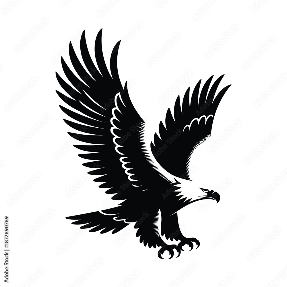 Fototapeta premium Eagle Silhouette Vector Illustration Black Design Flying Graphic Art Drawing Wildlife Nature Concept Isolated on White Background Bird of Prey