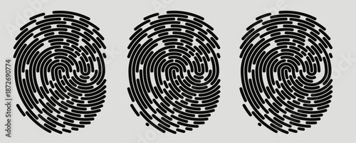 Set of three abstract fingerprint icons digital security concept with a minimalist broken line design isolated on a light gray background