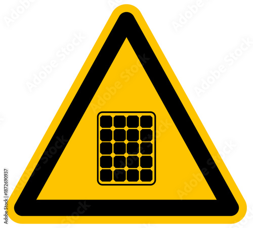 Señal de advertencia de panel solar energía renovable fotovoltaica sostenibilidad y tecnología ambiental icono de precaución para sistemas de electricidad limpia diseño estilo vector