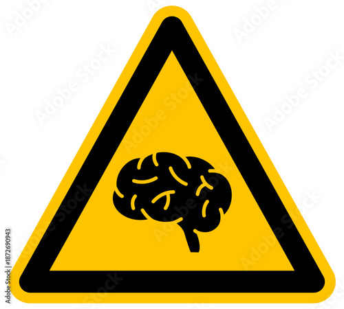 Señal de advertencia de cerebro humano inteligencia artificial salud mental y neurociencia símbolo de precaución para el conocimiento y la mente humana diseño creativo estilo vector