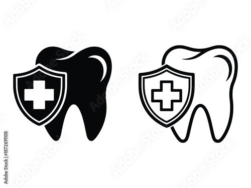 Dental Protection Icon Set – Tooth Shield Healthcare Black and White Vector Illustration
