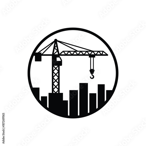 A circular logo features a construction crane overseeing a cityscape silhouette symbolizing urban development