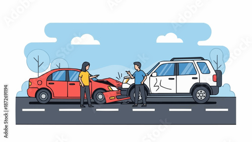 Two people inspect damage after a car accident on the road.