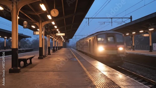 Commuter train with bright headlights approaching an illuminated, deserted station platform at dawn or dusk