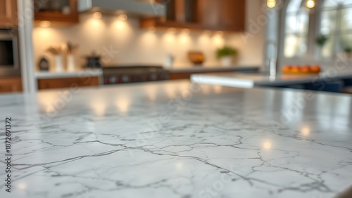 Close-up of marble table top with elegant veining patterns on kitchen island surface.
