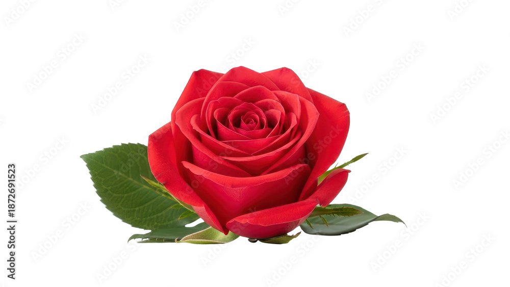 Naklejka premium Red rose flower head with green leaves, vibrant blooming rosebud isolated on white background, romantic floral element for wedding and greeting card design