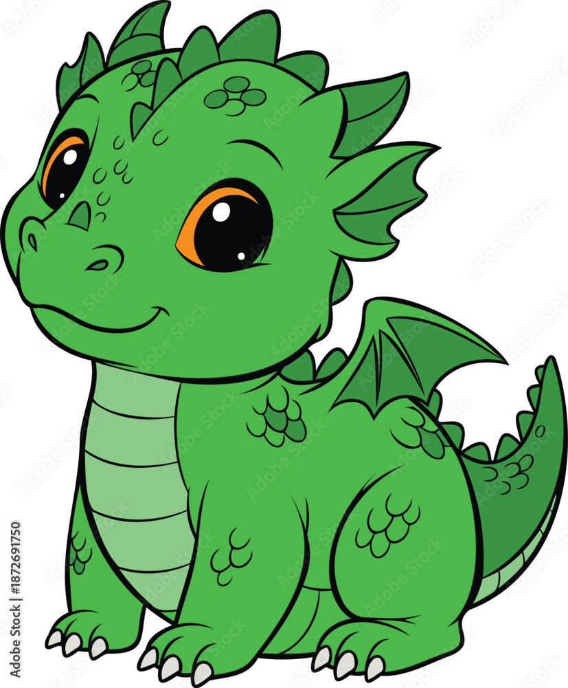 Fototapeta premium Cute baby green dragon sitting, looking friendly