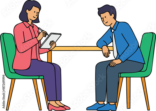 Professional woman interviewing male candidate at office desk flat illustration