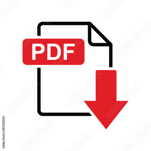 A simplified illustration depicting a red pdf document icon with a downward pointing arrow