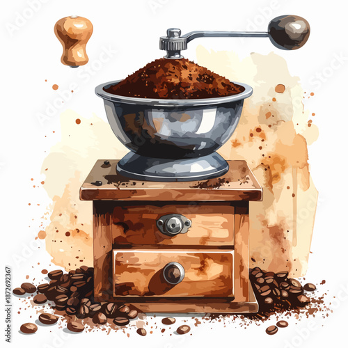 Vintage manual coffee grinder with fresh ground coffee and scattered beans.