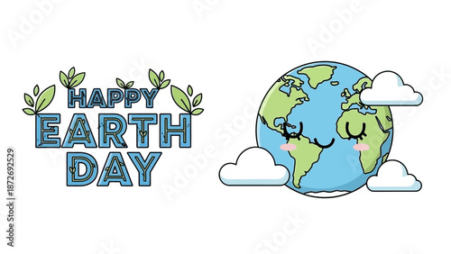 Happy Earth Day illustration featuring a cute cartoon planet Earth surrounded by clouds and decorative leaves.